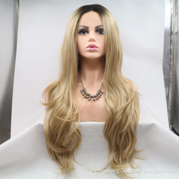 Vigorous ombre gold long straight premium high quality wholesale black women synthetic hair wigs with lace front